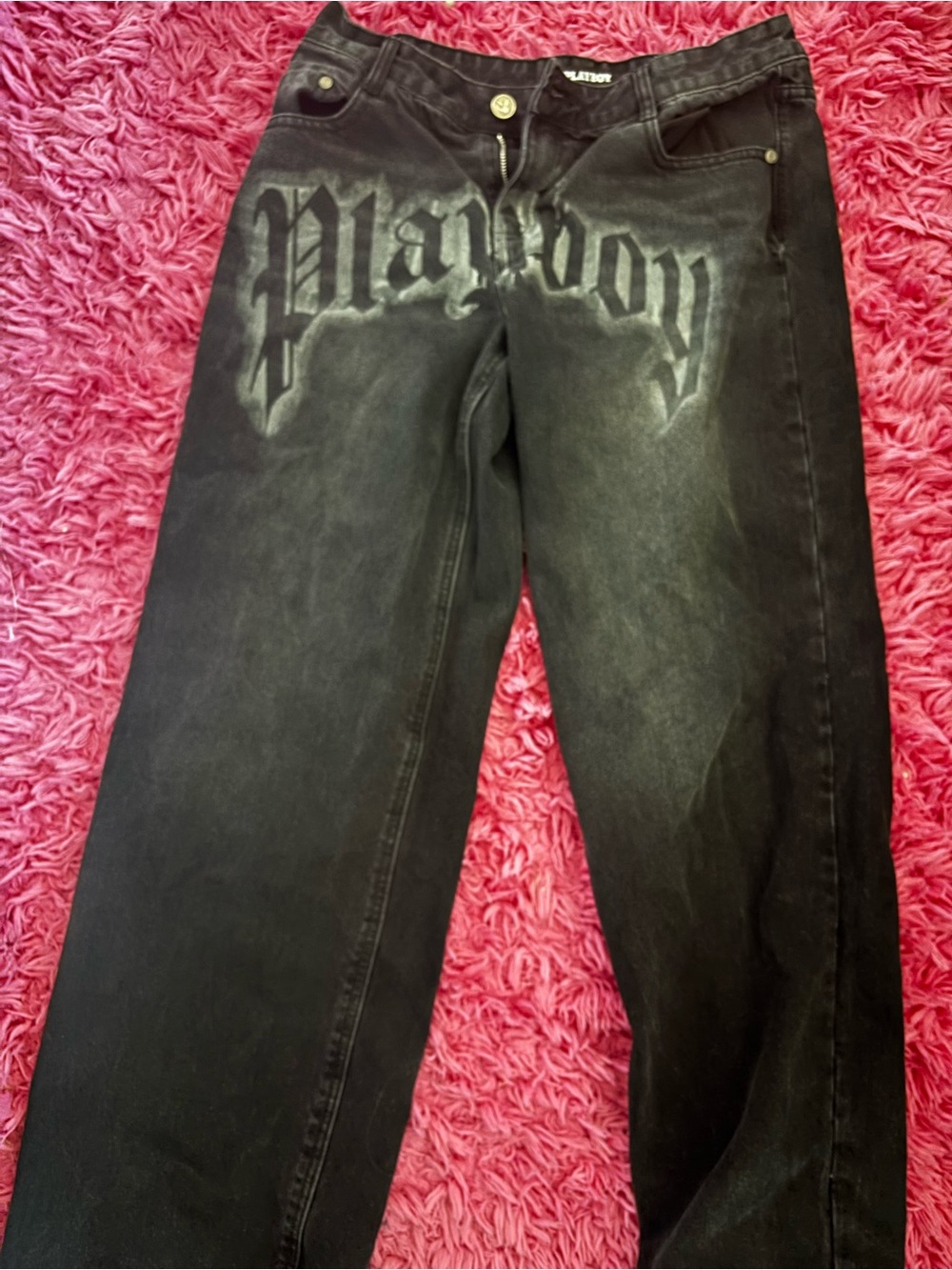 PLAYBOY Black Washed Relaxed Straight Jeans with Front Logo